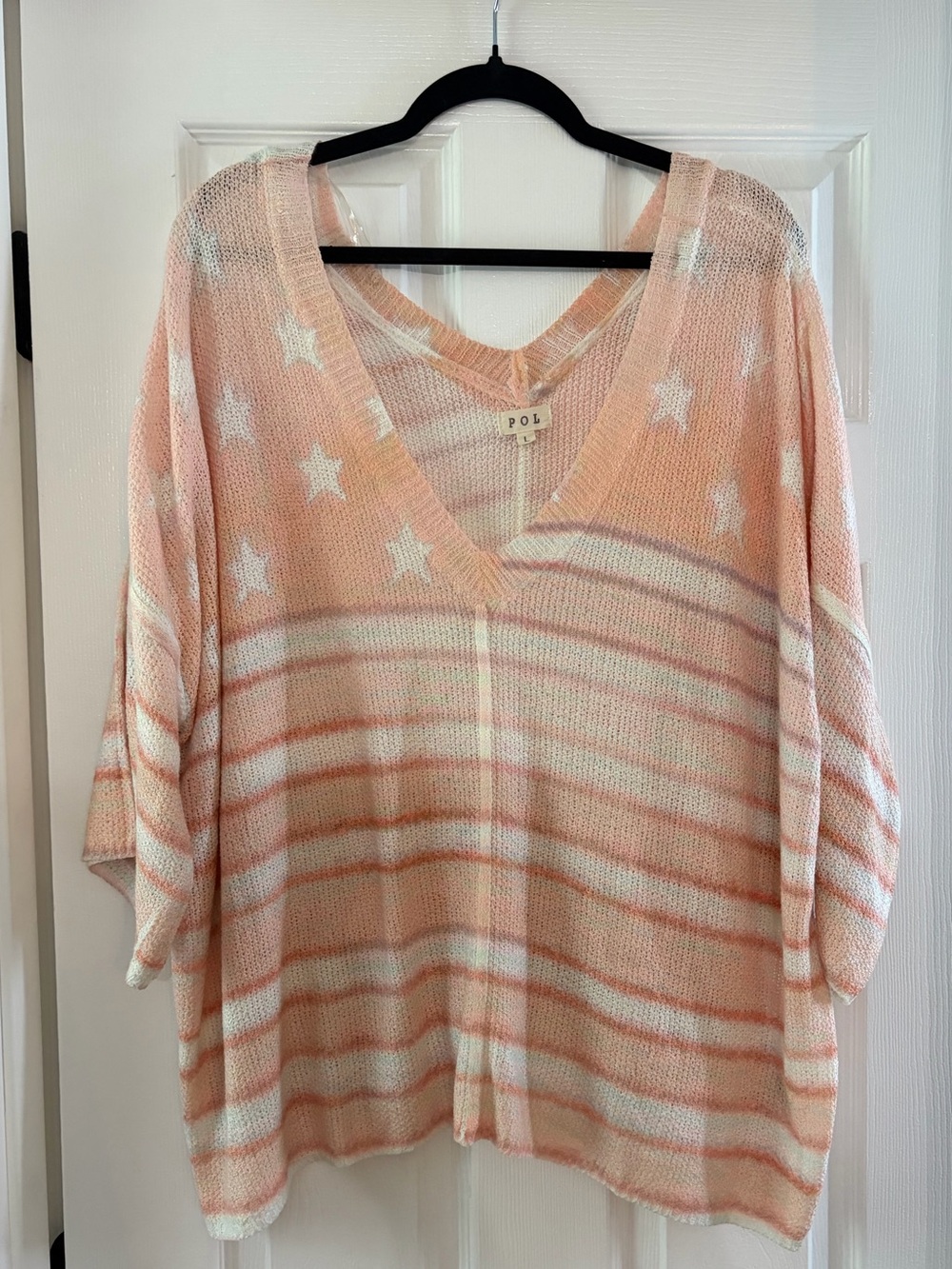 POL Peach & White Star Striped V-Neck Knit Top